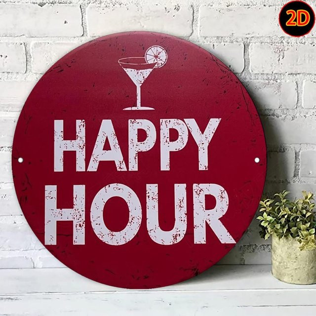 CIFBUY Rundes Aluminiumschild Happy Hour Hahn-Cocktailglas in Rot für die Bar Dekoration, Durchmesser: 20 cm - Bild 1