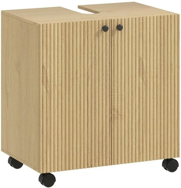 PXloue Badunterschrank in Holzoptik mit Rollen und 3 Ebenen, Farbe: Natur, B/T/H: 60,0 x 39,8 x 62,0 cm - Bild 1