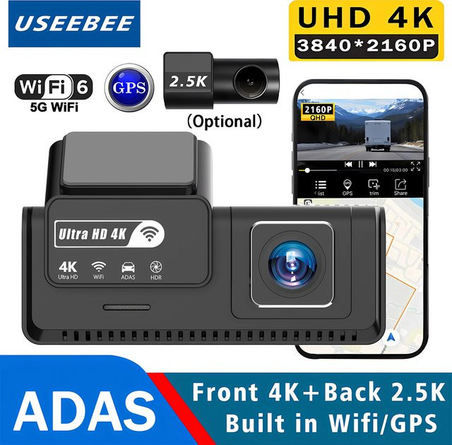USEEBEE Dual-Objektiv Dashcam mit UHD 4K Auflösung, ADAS, WLAN und GPS, inklusive 2.5K Rückfahrkamera, Black Box in Schwarz - Bild 1