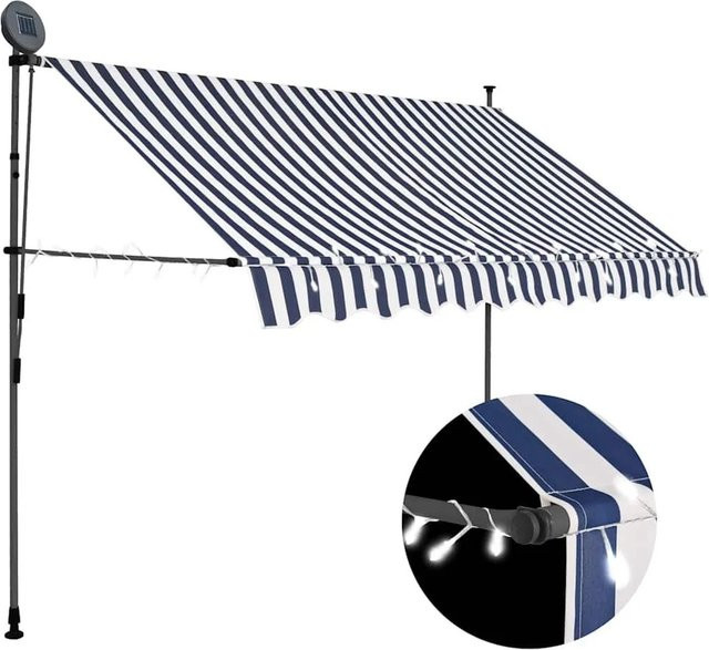 vidaXL Einziehbare Markise handbetrieben mit LED in Blau und Weiß, Breite: 300 cm, Ausladung: 120 cm - Bild 1