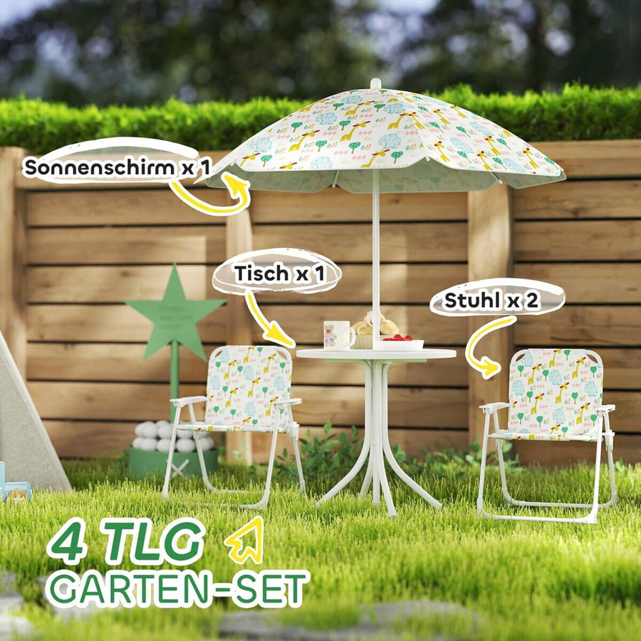 AIYAPLAY Kindersitzgruppe Garten in Weiß mit Gartentisch, 2 Klappstühlen und Sonnenschirm, höhenverstellbar, B/H/L: 49,5 x 50 x 49,5 cm - Bild 3