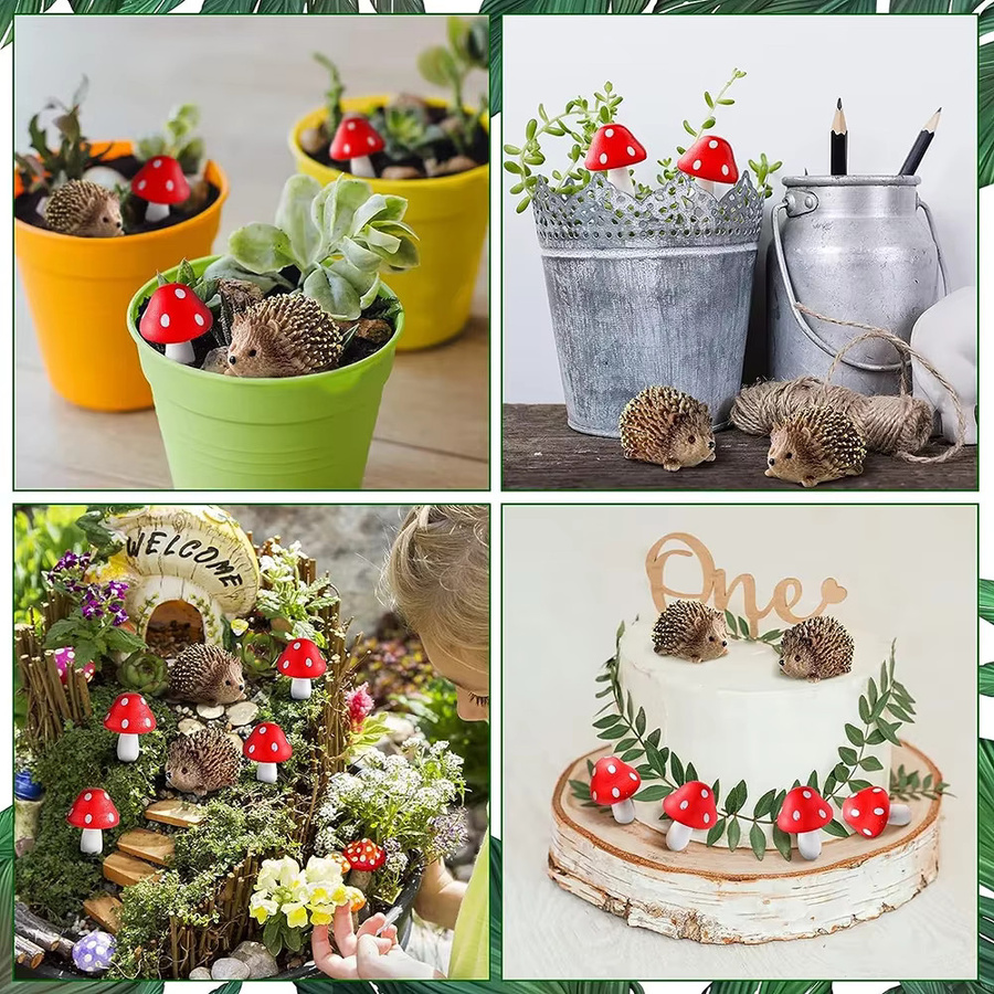 MICROUND Outdoor Fairy Wild Garden Deko-Set mit Igel aus Harz und Holz-Pilzen in Mehrfarbig für Bonsai und Pflanzen-Miniaturen - Bild 5