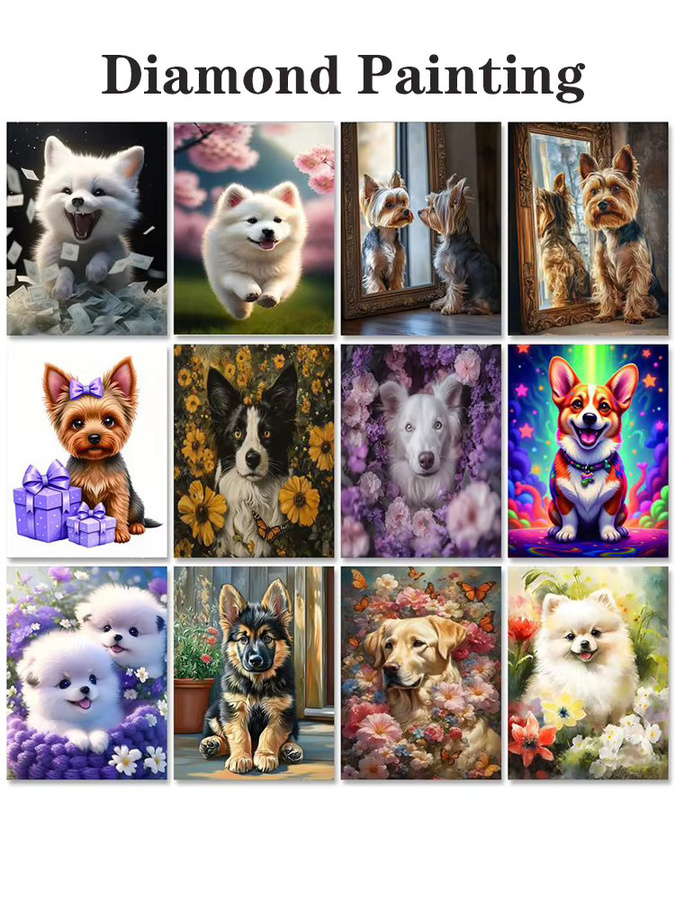 PhotoCustom Volldiamantgemälde Hund und Blumen als Bastelset zur Wanddekoration, Mehrfarbig, B: 30,0 cm, H: 20,0 cm - Bild 3