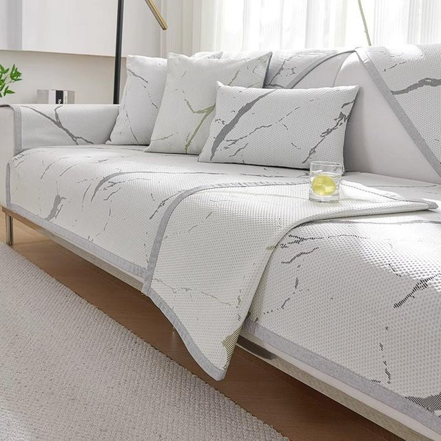 Sommer Kühlstoff Anti-Rutsch Sofabezug mit Marmormuster in Grau-Weiß, atmungsaktive Eisseide Couchmatte für dein Wohnzimmer, Breite: 70 cm, Breite: 70 cm - Bild 1