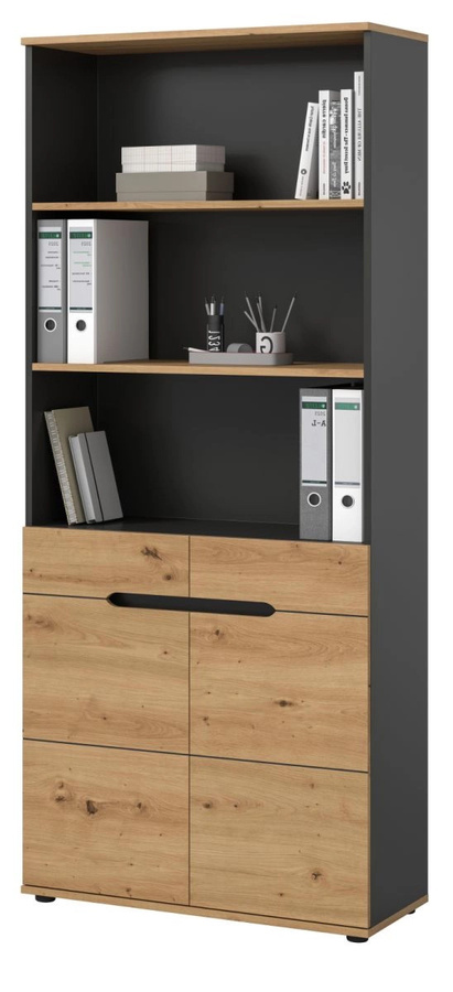 Büroschrank Cooper in Eiche und Grau mit Soft-Close-Türen und offenen Regalfächern, B/H: 80 x 190 cm - Bild 6
