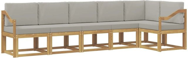 vidaXL Outdoor-Sofagarnitur 6-teilig in L-Form aus massivem Akazienholz mit Kissen in Weiß und Hellgrau - Bild 1