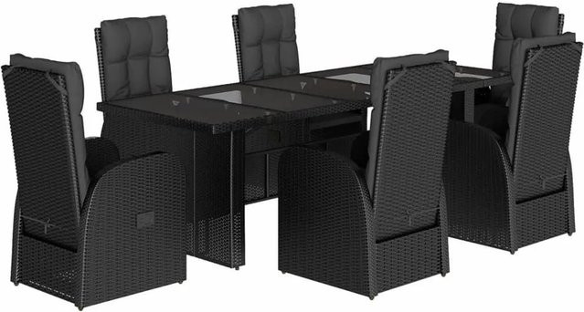vidaXL 7-tlg Garten-Essgruppe aus schwarzem PE-Rattan mit Kissen und Hartglas-Tisch - Bild 1