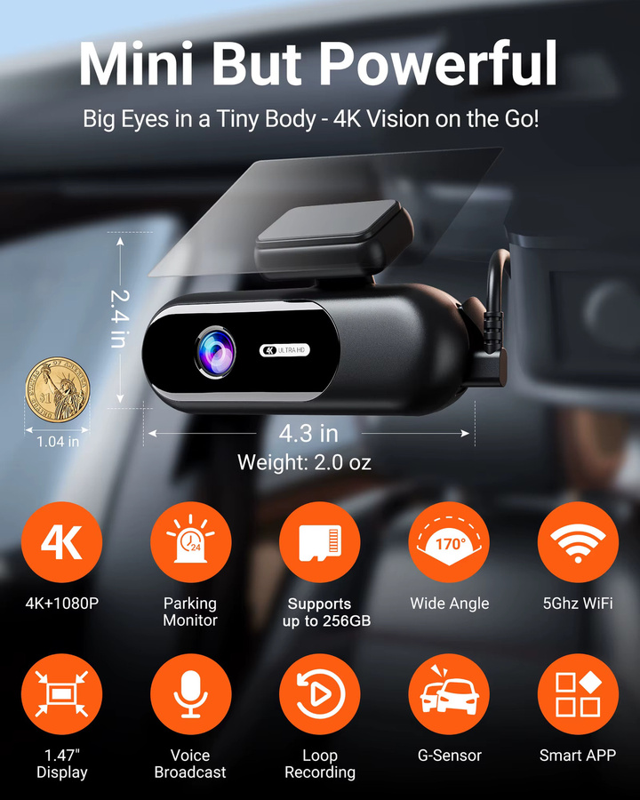 Etymoofox 4K UHD Dashcam mit WLAN und Nachtsicht, Dual-Kamera-System für vorne und hinten, 24H Parkplatzüberwachung, Blackbox in Schwarz - Bild 2