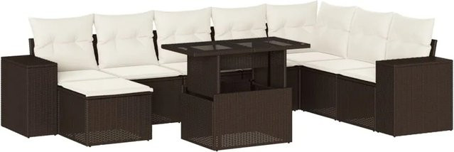 vidaXL 9-tlg. Garten-Sofagarnitur in L-Form aus braunem Poly-Rattan mit cremeweißen Kissen und pulverbeschichtetem Stahlgestell - Bild 1