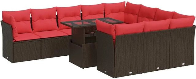 vidaXL 11-teilige Garten-Sofagarnitur aus braunem Poly-Rattan mit Kissen und Akazie-Elementen - Bild 1