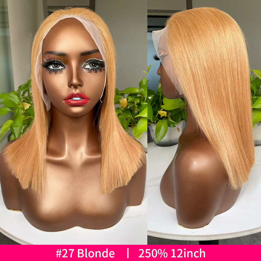Urban Aura Lace-Frontal-Perücke, 100% vietnamesisches Echthaar, kurzer Bob, 250% Dichte, #27 blonde Perücke, Damen - Bild 2
