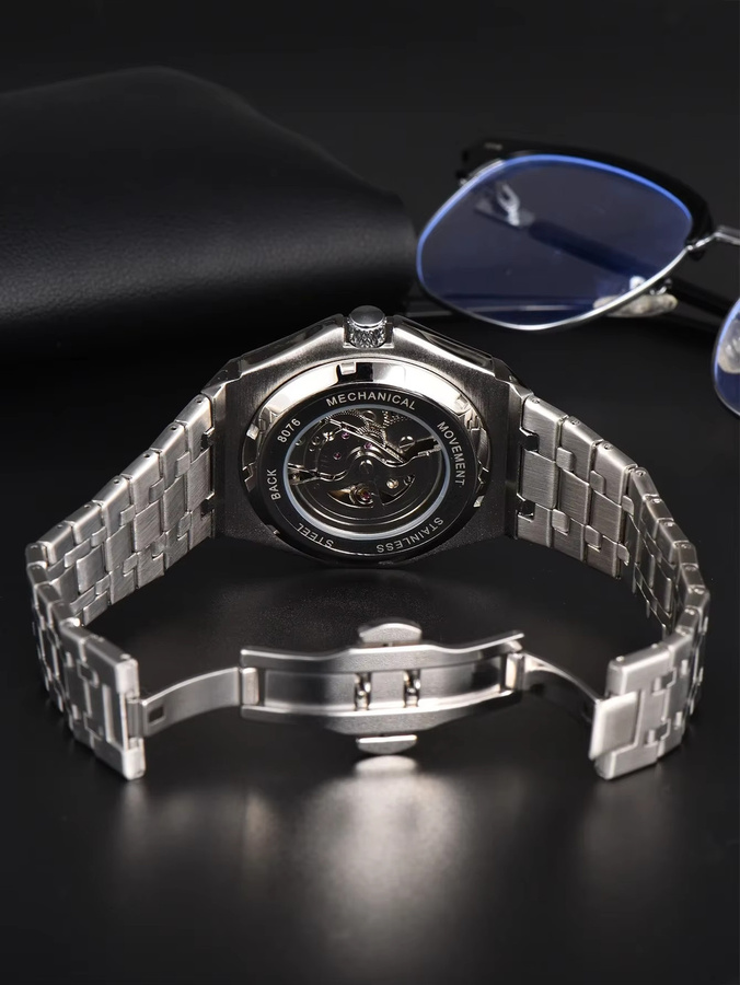 LONGLUX Armbanduhr Automatik, Edelstahl, Schwarz, Herren, Datum - Bild 4