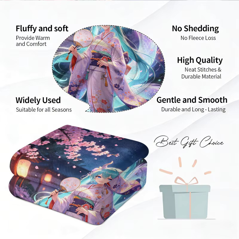 Hatsune Miku Kimono Drachen Flanell-Überwurfdecke in Multicolour, weiche Fleece-Decke mit floralem Design für Sommer und Reise - Bild 3