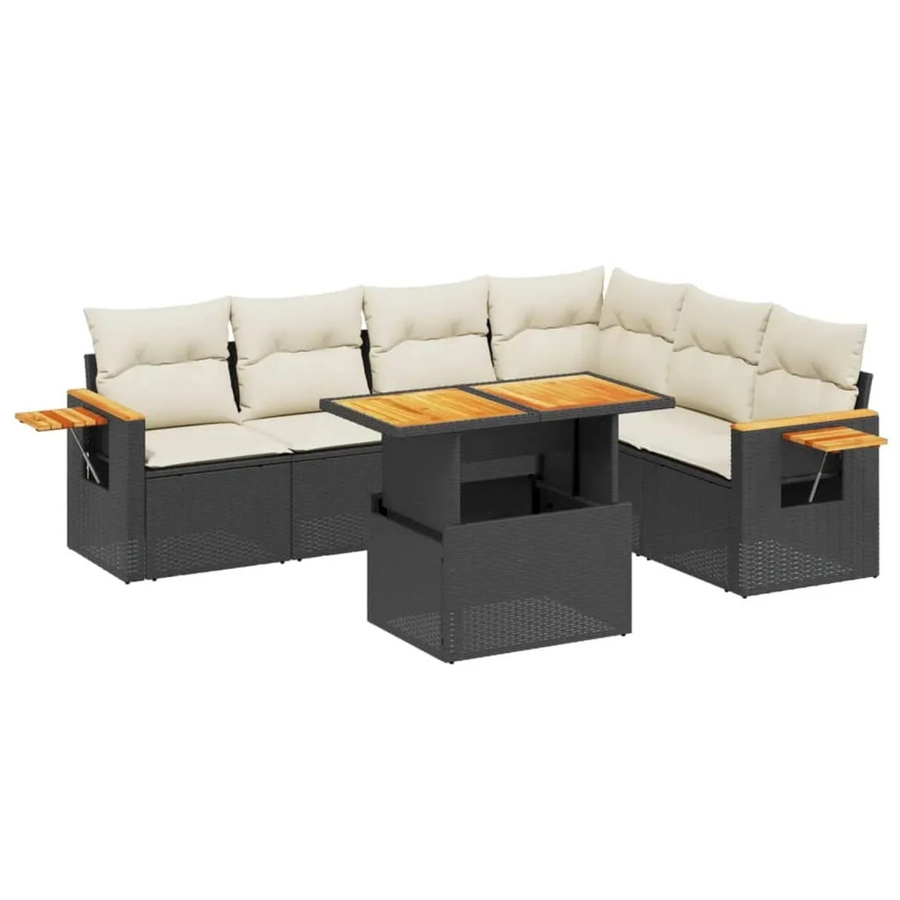 vidaXL 7-teilige Garten-Sofagarnitur in L-Form aus schwarzem Poly-Rattan mit Kissen und Akazienholz - Bild 2