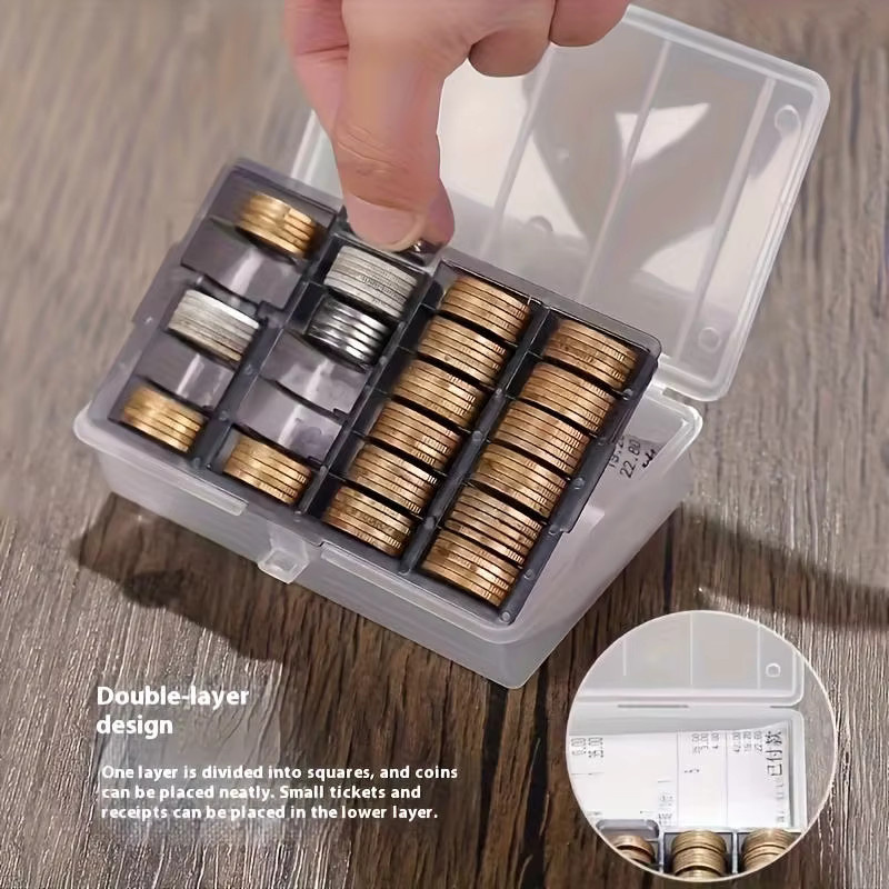 Clyine Staubdichte Münzaufbewahrungsbox aus Kunststoff in Blau und Transparent mit Kleingeld-Fächern für Spielwährungs-Geldmünzen - Bild 3