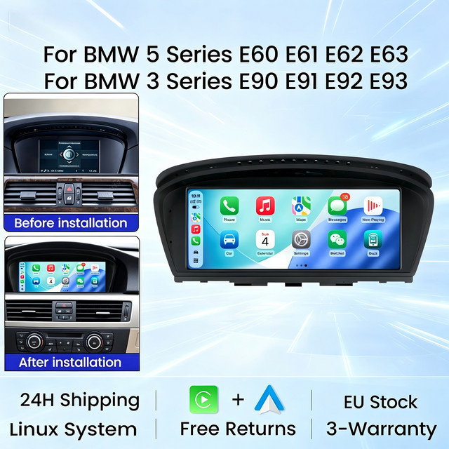 MEKEDE Kabelloser CarPlay und Android Auto Multimedia-Player mit GPS-Navigation und Bluetooth für BMW 3er 5er Serie E60 E61 E63 E64 E90 E91 E92 E93 CCC CIC, Schwarz, 8.8 Zoll - Bild 1