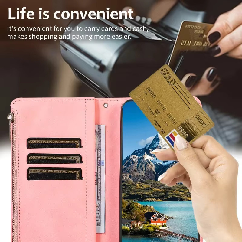 Leder Handyhülle mit Lanyard und Reißverschluss für Samsung Galaxy S26 Ultra S25 Edge S24 S23 S22 Plus S21 FE Note 20 als Brieftasche und Kartenhülle in Schwarz und Pink - Bild 2