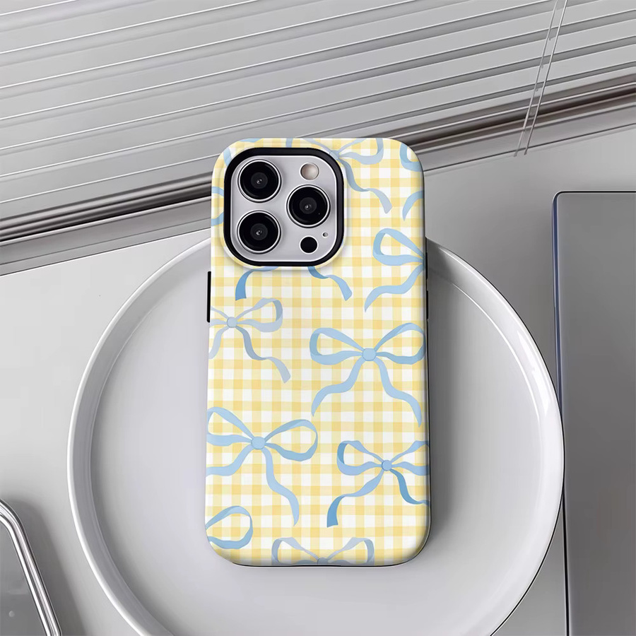 Blue Bow & Yellow Gingham Handyhülle für iPhone 17 16 15 14 13 12 Pro Max Plus mit doppelschichtiger Rückseite in Blau und Gelb - Bild 3