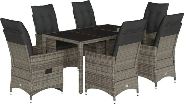 vidaXL 7-teilige Garten-Essgruppe aus Poly-Rattan in Grau mit Kissen und Hartglas-Tischplatte - Bild 1