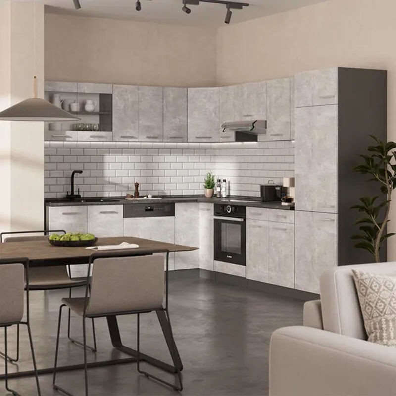 Vicco Eckküche R-line in Beton-Optik und Anthrazit mit Apfel Eiche, moderne Winkelküche - Bild 1