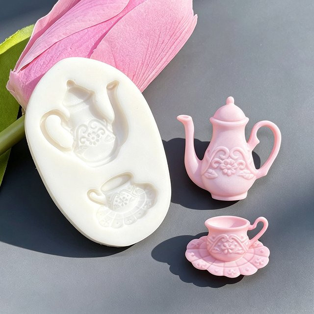 Fengying Silikonform Tea Party für Schokolade, Cupcakes und Fondant, Grau-Weiß, Oval - Bild 1