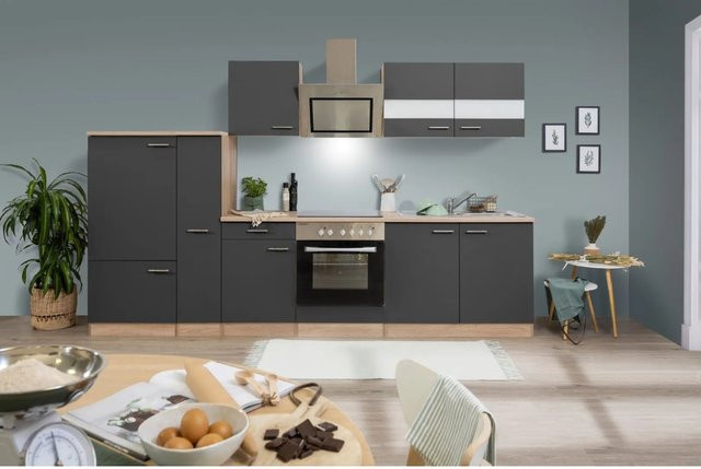 Respekta Economy Küchenzeile KB300ESGSC in Grau-Eiche Sägerau mit Glastüren und Soft-Close-Funktion, Breite: 300 cm - Bild 1