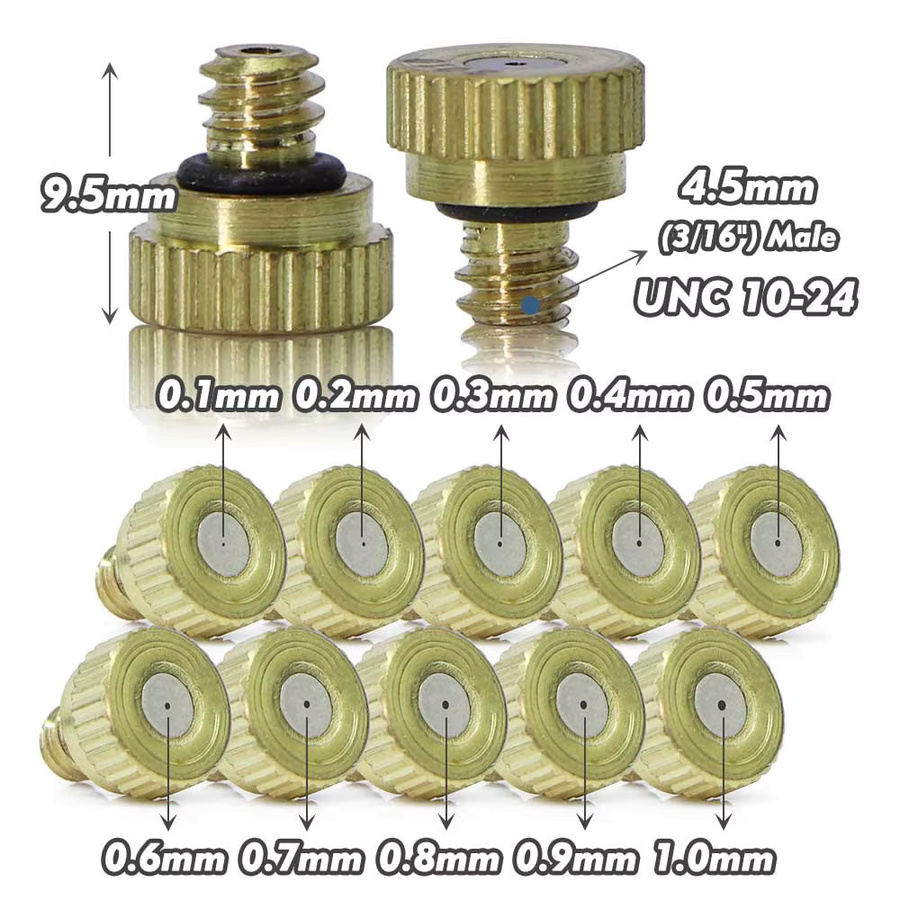 MUCIAKIE Messing-Nebeldüsen für Gartenbewässerung und Kühlsysteme, Gold, 0,1–1,0 mm, 3/16 Zoll UNC10-24 - Bild 2