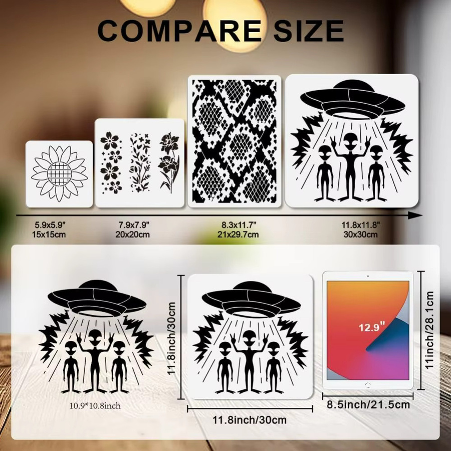 Wiederverwendbare Alien UFO Schablonen mit Raumschiff-Mustern zum Malen, B/B/H: 30 x 30 cm - Bild 2