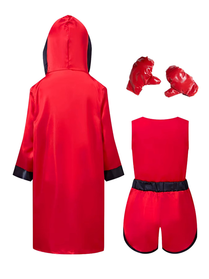 memune Kinder-Boxchampion-Kostüm-Set, Roter Satin-Bademantel, T-Shirt, Shorts, Gürtel, Handschuhe, Unisex - Bild 2