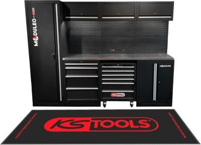 KS Tools Werkstattwagen aus Edelstahl und MDF mit 6 Schubladen, LED-Beleuchtung, Steckdosenleiste und Pegboard, Schwarz - Bild 1