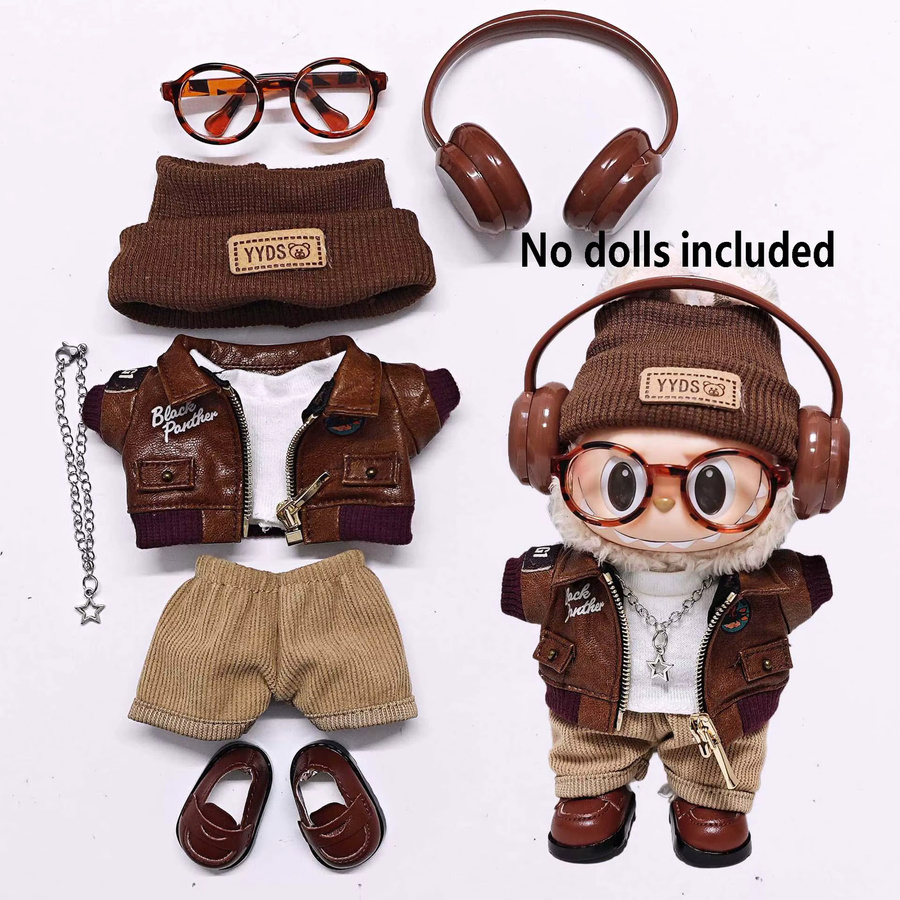 GSF Labubu Puppenkleidung 8-teiliges Retro-Lederjacken-Set in Braun für Puppen von 15 cm bis 17 cm - Bild 2