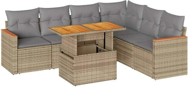 vidaXL 7-teilige Garten-Sofagarnitur in L-Form aus Polyrattan und Akazienholz mit Kissen in Beige-Grau - Bild 1