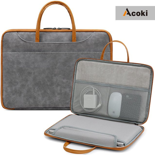 Acoki Laptoptasche aus Leder für 13,3 und 14 Zoll, Schutzhülle für MacBook Air 13 M1/M2, MacBook Pro 13/14 und Surface Laptop 3/4, Farbe: Grau - Bild 1