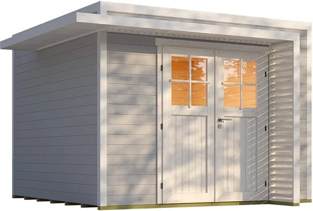 Weka Gartenhaus Amberley mit Doppeltür in Grau-Weiß, modernes Holzgartenhaus mit Flachdach, B/T: 300 x 300 cm - Bild 1