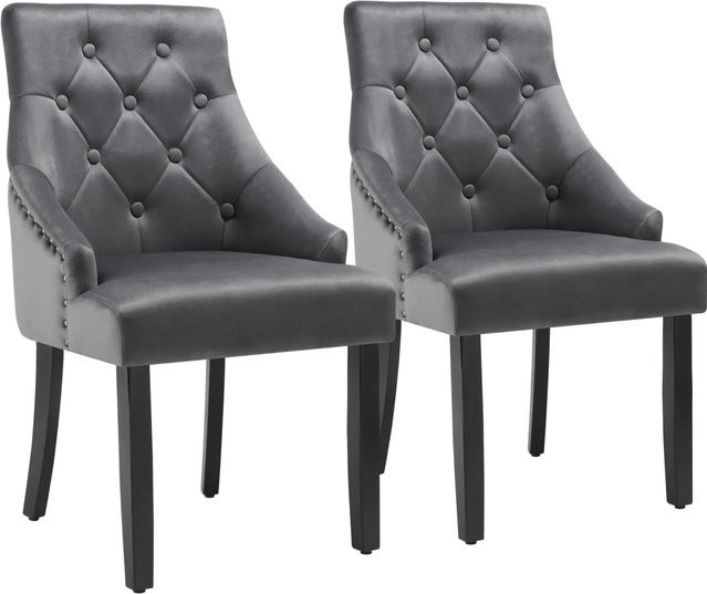 2er Set Tectake Esszimmerstühle Everdeen, gepolstert in Samtoptik mit seitlichen Zierknöpfen und massiven Holzbeinen, Grau, B/T/H: 57 x 52 x 91 cm - Bild 1