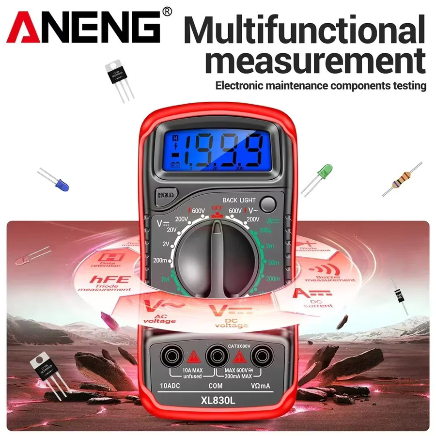 ANENG XL830L Digitales Multimeter in Rot mit AC/DC-Spannungsmessung, Widerstand, Amperemeter, HFE, Triode, Ohm, NCV und Dioden-Tester - Bild 4