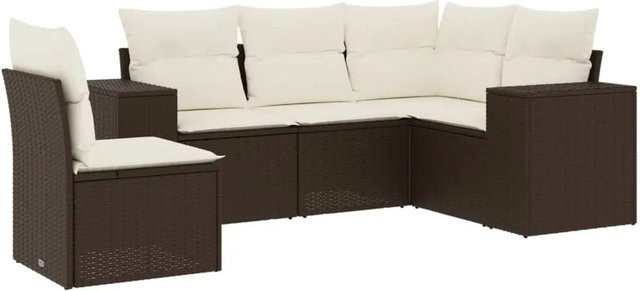 vidaXL 5-tlg. Garten-Sofagarnitur in L-Form aus Polyrattan mit Kissen, Braun - Bild 1