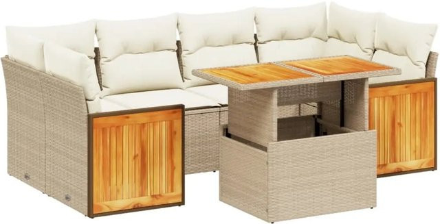 vidaXL 7-tlg. Garten-Sofagarnitur in U-Form aus Poly-Rattan und Akazienholz mit Kissen in Beige - Bild 1