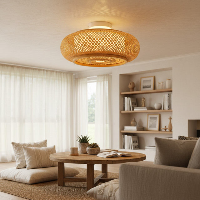Handgewebte Rattan-Deckenleuchte aus Bambus in Weiß, runde Boho-Innenbeleuchtung für Wohnzimmer, Schlafzimmer und Küche - Bild 1