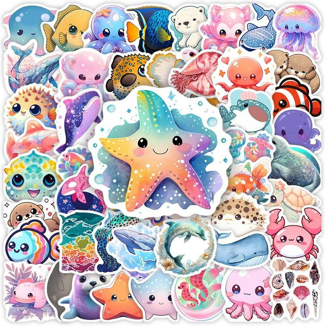 Binchi Outdoor Product Kawaii Meeresleben Aufkleber mit Quallen, Oktopus und Fisch in Multicolour, wasserfeste Kunststoff-Decals für Laptop, Scrapbook und Handy - Bild 1