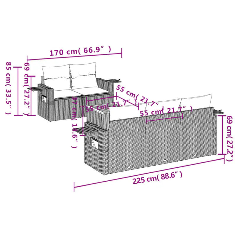 vidaXL 6-teilige Garten-Sofagarnitur aus Polyrattan und Akazienholz in Schwarz mit Kissen - Bild 4