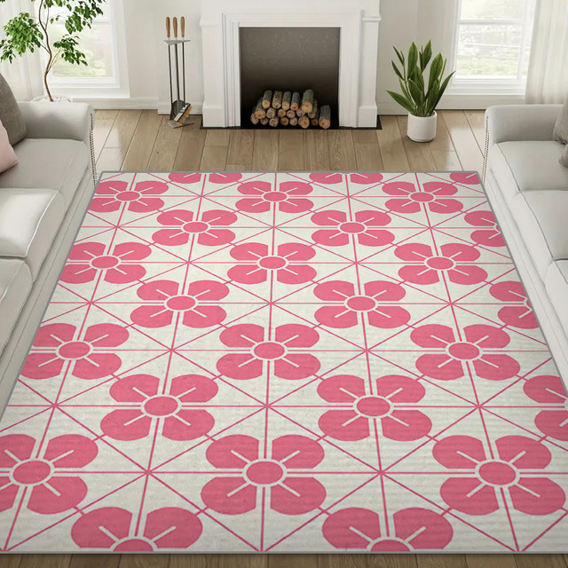 RAKKS Teppich mit geometrischem Blumenmuster in Pink, rechteckig, rutschfest und pflegeleicht für dein Wohnzimmer - Bild 1