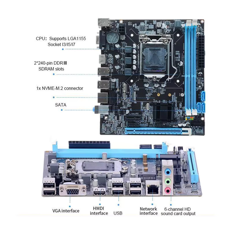 YiHESZ H61 Motherboard LGA 1155 DDR3 mit M.2 NVME und HDMI/VGA für Intel i3/i5/i7 Prozessoren in Schwarz - Bild 6