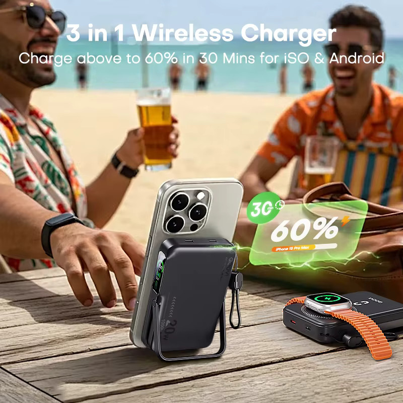 QOOVI Qi2 Wireless Power Bank 10000 mAh mit PD20W Schnellladefunktion, Tragbares Ladegerät in Schwarz für iPhone, Samsung, iWatch und AirPods - Bild 5