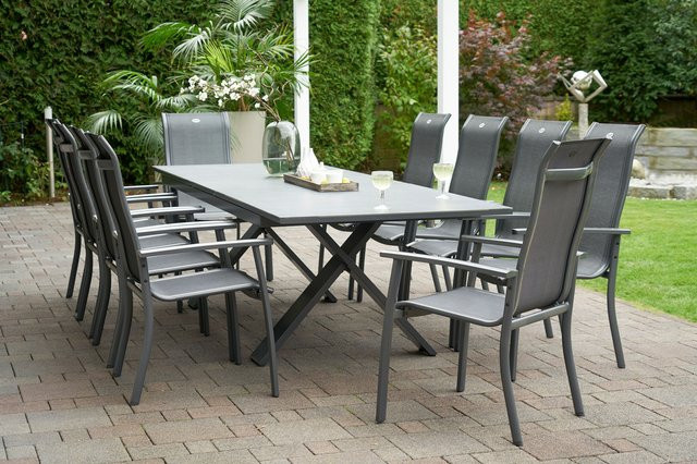 Hartman Sondermodell Xanadu Alice Comfort Gartenmöbel Set in Anthrazit und Grau aus Aluminium und Glaskeramik mit 10 Stapelsesseln und ausziehbarer rechteckiger Tafel B/T/H: 220 x 100 cm bis 280 x 100 cm - Bild 1