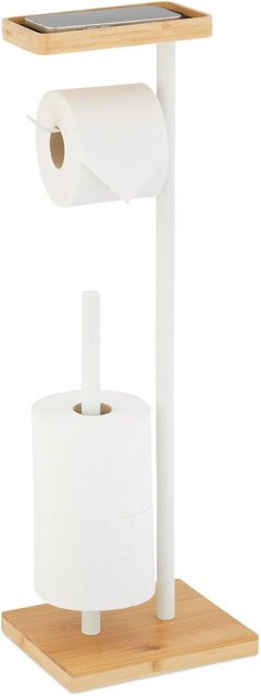 Relaxdays Toilettenpapierhalter aus Bambus und Metall in Weiß mit Ablage, B/T/H: 66,5 x 21 x 17 cm - Bild 1