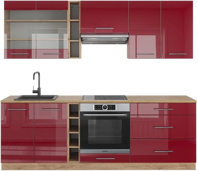 Vicco Fame-Line Küchenzeile Bordeaux Hochglanz in Goldkraft Eiche, Breite: 235 cm - Bild 1