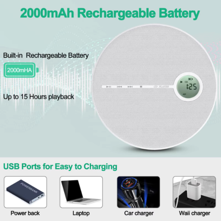 Bytelike Tragbarer CD-Player mit Bluetooth, Dual-Lautsprechern und USB, Schwarz - Bild 4