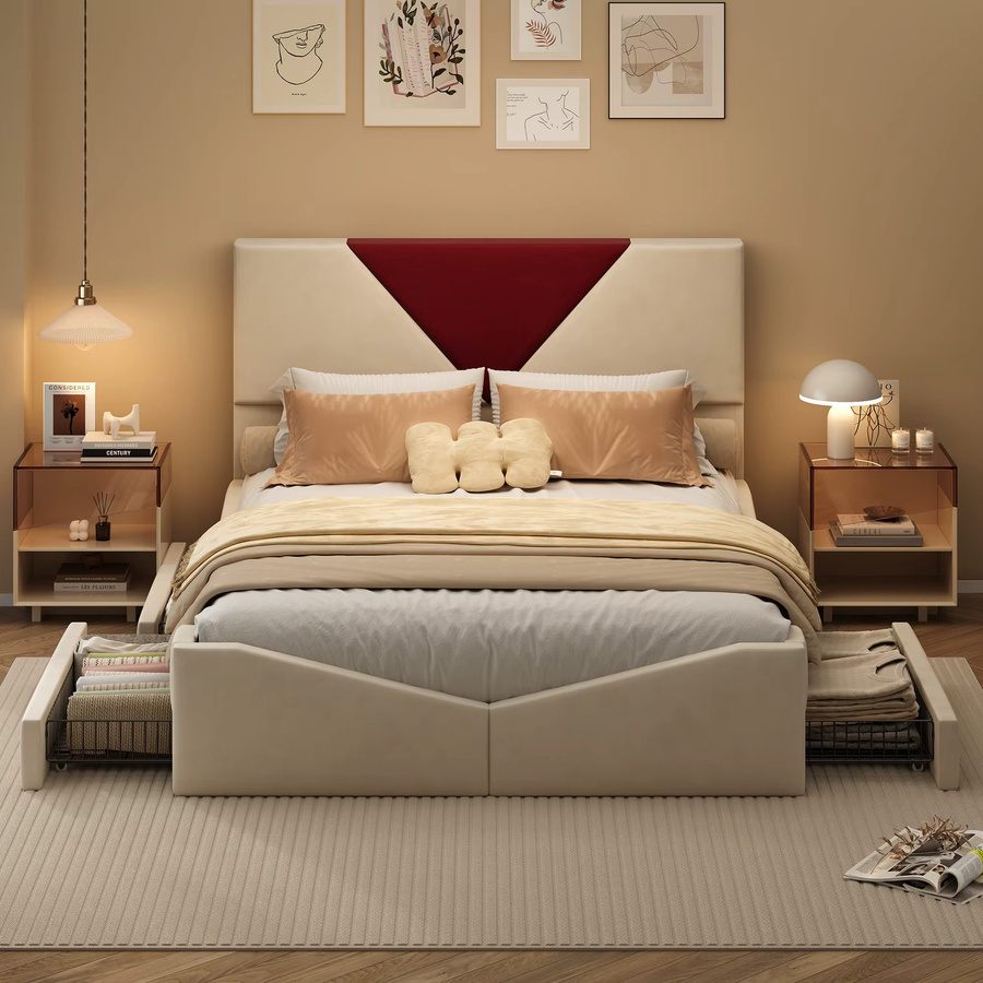 Polsterbett mit Stauraum und 4 Schubladen aus Samt in Beige, B/T/H: 140 x 200 cm - Bild 2