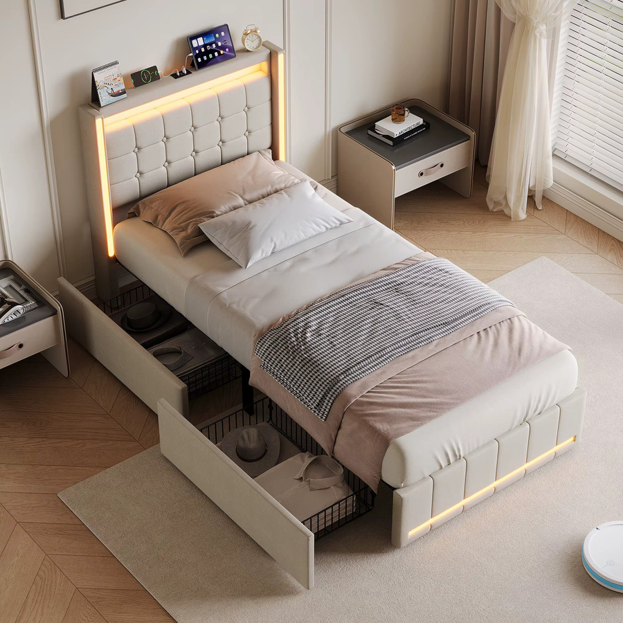 Modernes Polsterbett mit Bettkasten und 2 Schubladen in Beige/Grau, B/T/H: 90 x 200 cm, mit LED-Beleuchtung, USB-Anschluss und Holzlattenrost - Bild 1